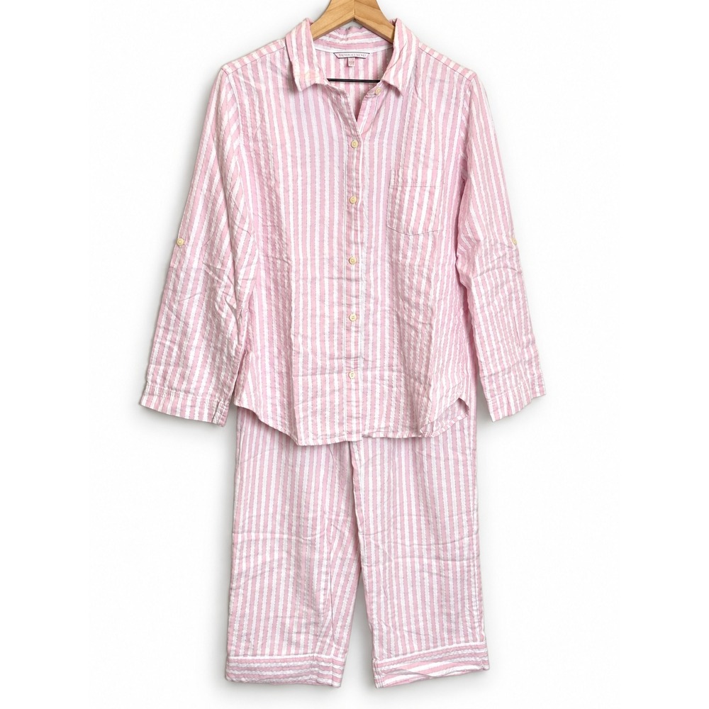 Victorias Secret Pink White Striped Pajama Set Two Piece Sleepwear Cotton Medium